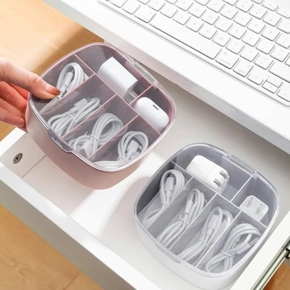 2Pcs Data Cable Storage Box Desktop Dustproof Storage Box-Gray&Pink