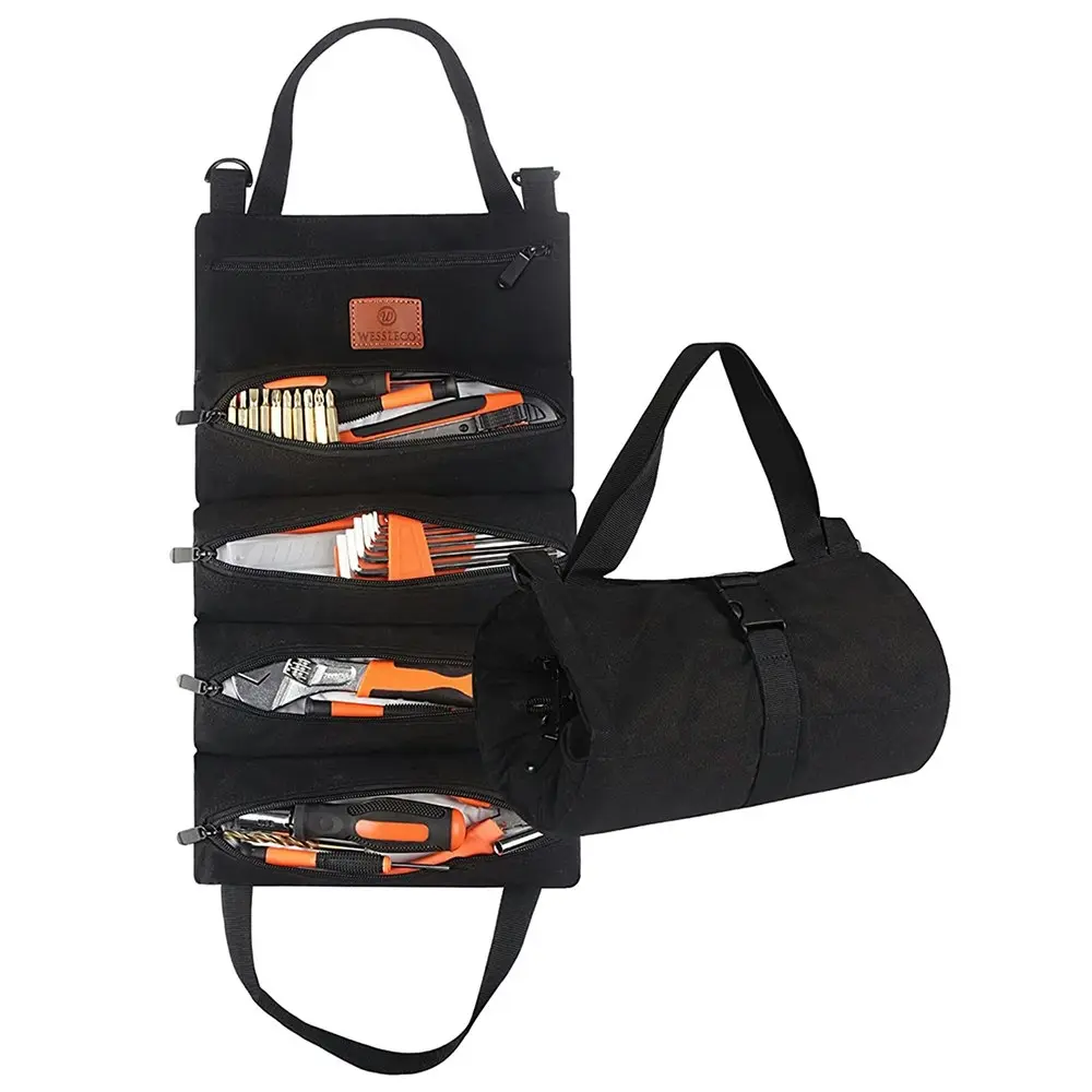 Tool Roll Organizer Wrench Roll Up Bag with 5 Zipper Pockets Canvas Tool Roll