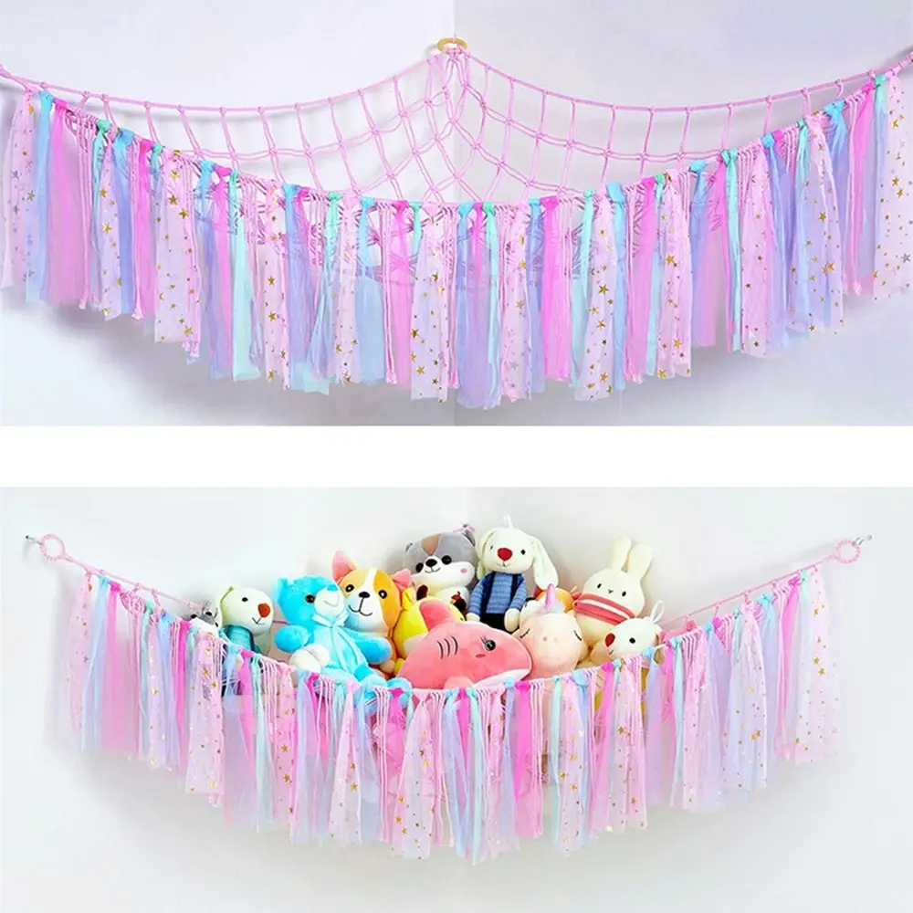 Ribbon Stuffed Animal Hammock Wall Corner Hanging Storage Organizer Net Hammock