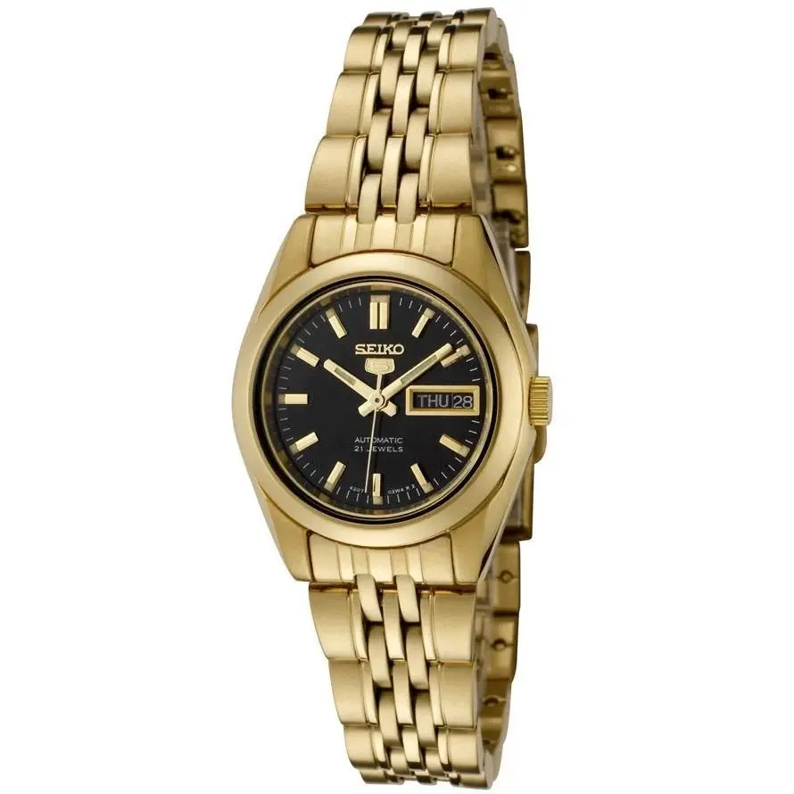 Seiko 5 Gold Tone/Black Dial Women's Automatic Analog Dress Watch SYMA40K1