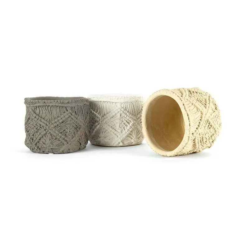 Willow & Silk Cement 12cm Set of 3 Macrame Indoor/Garden Pot/Planters