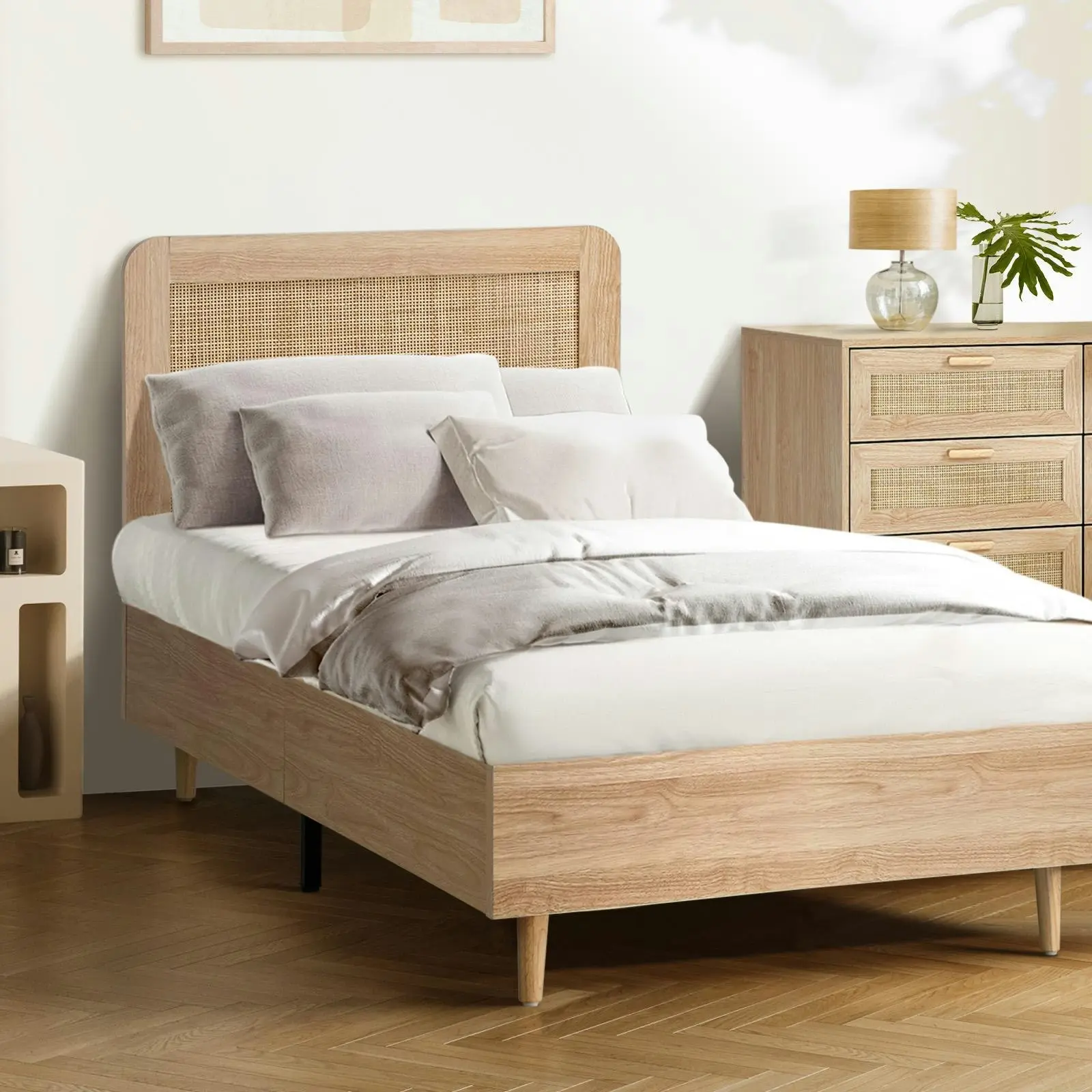 Oikiture Bed Frame Single Size Wooden Bed Platform Genuine Rattan