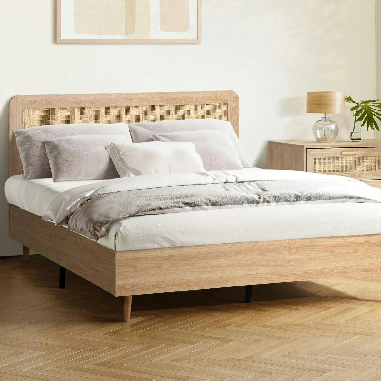 Oikiture Bed Frame Queen Size Wooden Bed Platform Genuine Rattan