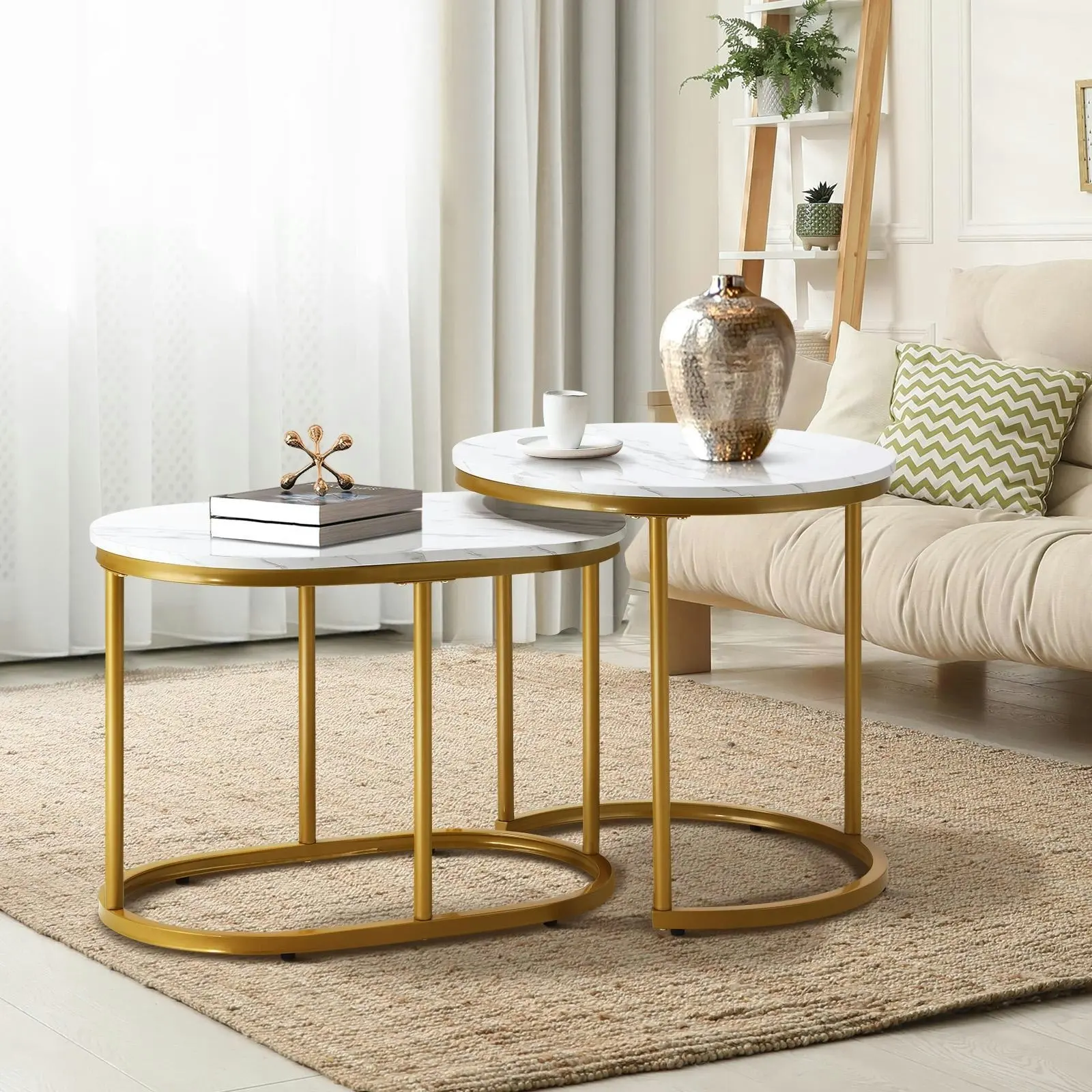 Oikiture Set of 2 Coffee Table Round Oval Marble Nesting Side End Table Gold