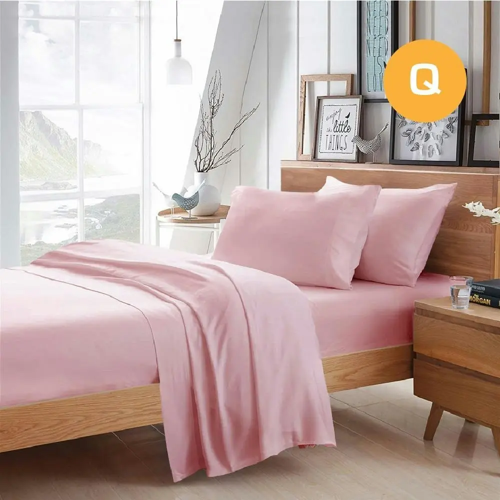 Queen Size Light Pink Color Poly Cotton Fitted Sheet Flat Sheet Pillowcase Sheet Set