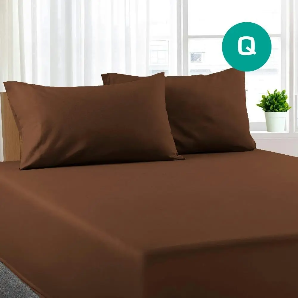 Queen Size Chocolate Color Poly Cotton Fitted Sheet + Pillowcase