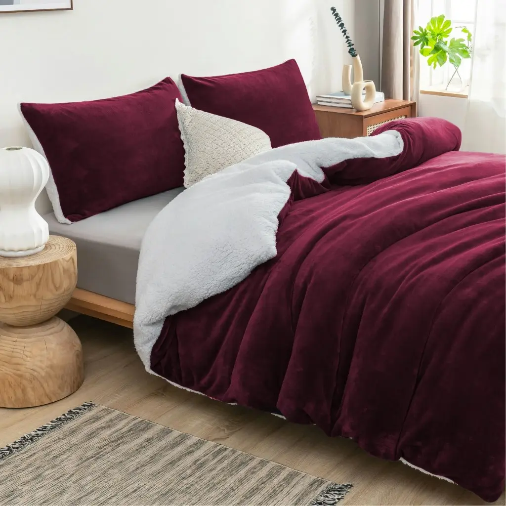 Luxor 2 in 1 Teddy Fleece Sherpa Duvet Cover Set and Blanket Burgundy