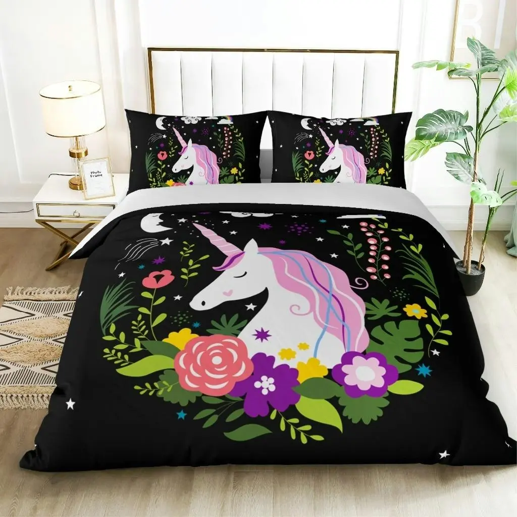 My Unicorn Black Quilt Doona Duvet Cover Set