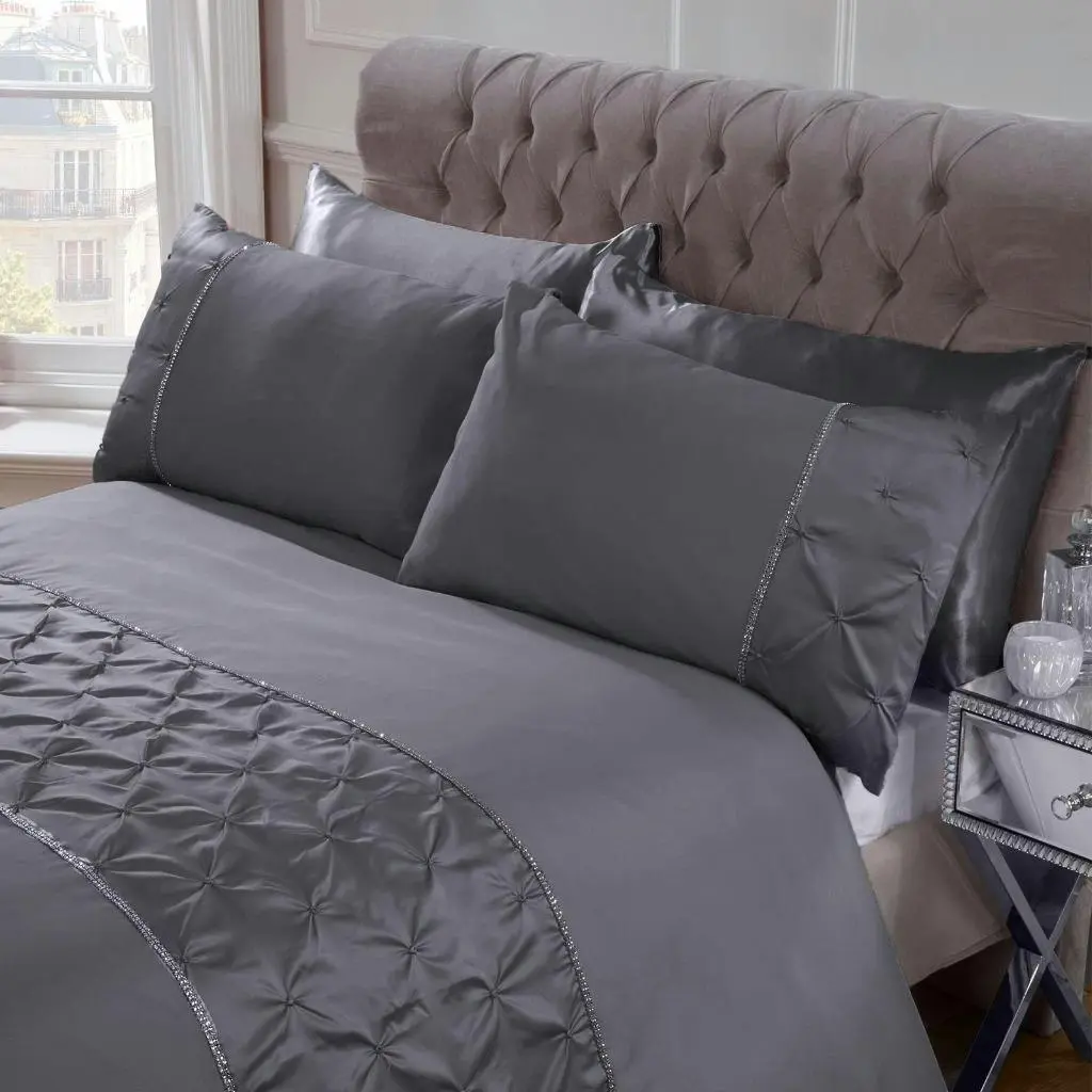 Pintuck Diamante Diamond Band GREY Color Soft Quilt Doona Duvet Cover PIllowcase Set