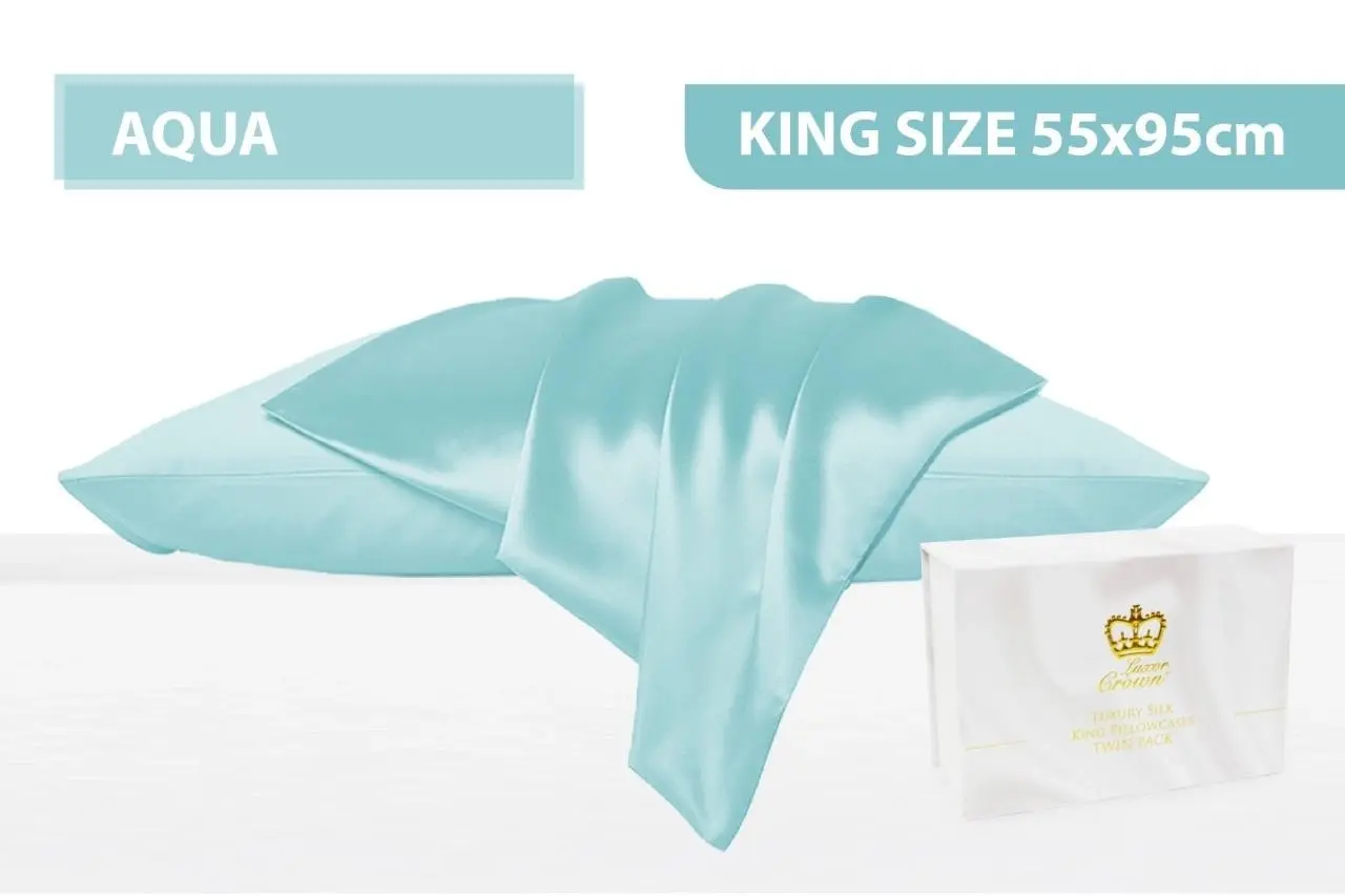 Luxor Crown Set of 2 King Size Mulberry Silk Pillowcases 55cm x 95cm AQUA