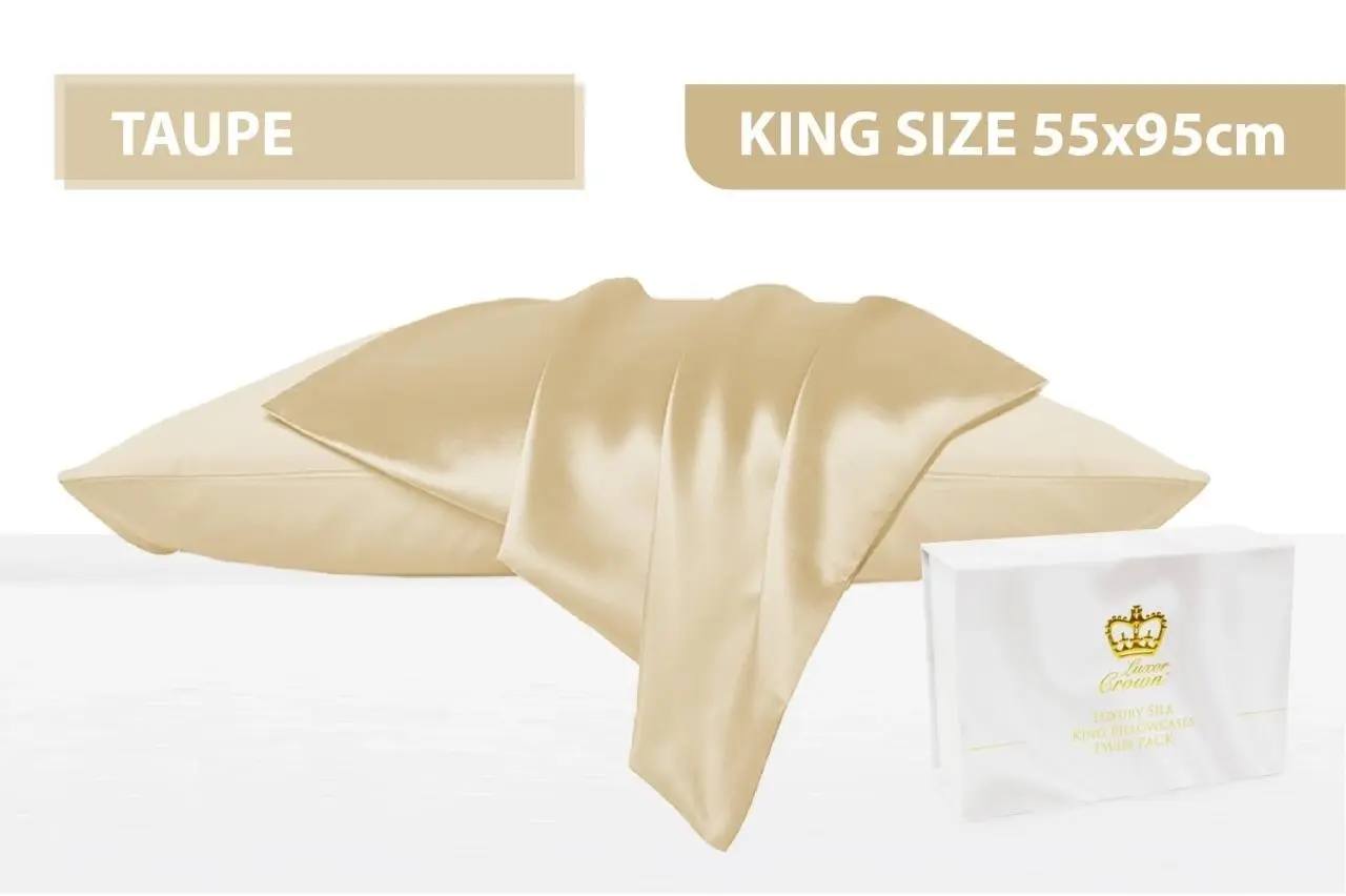 Luxor Crown Set of 2 King Size Mulberry Silk Pillowcases 55cm x 95cm TAUPE