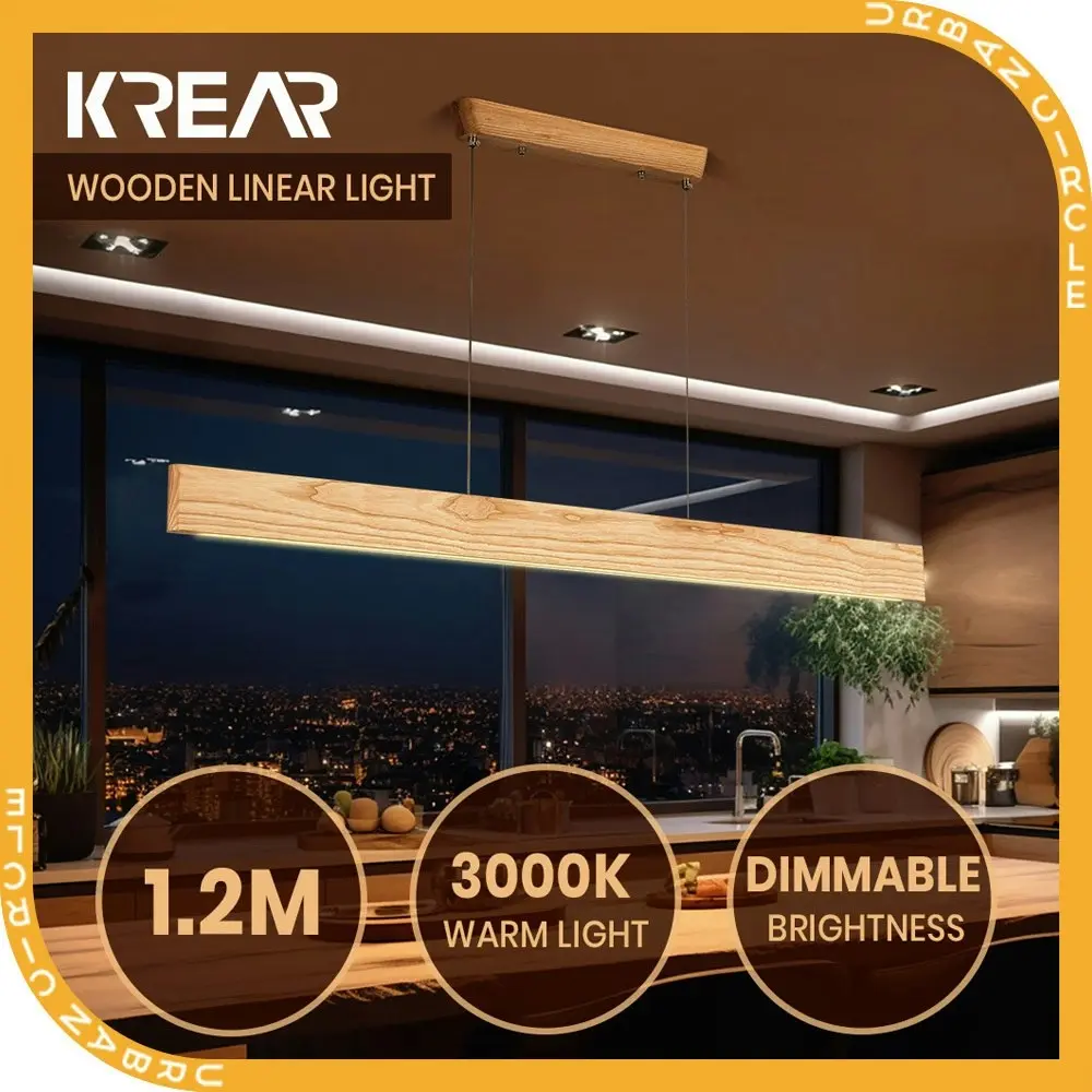 Krear 120CM Wooden Pendant Light Flat LED Strips Linear Lighting Ash Wood