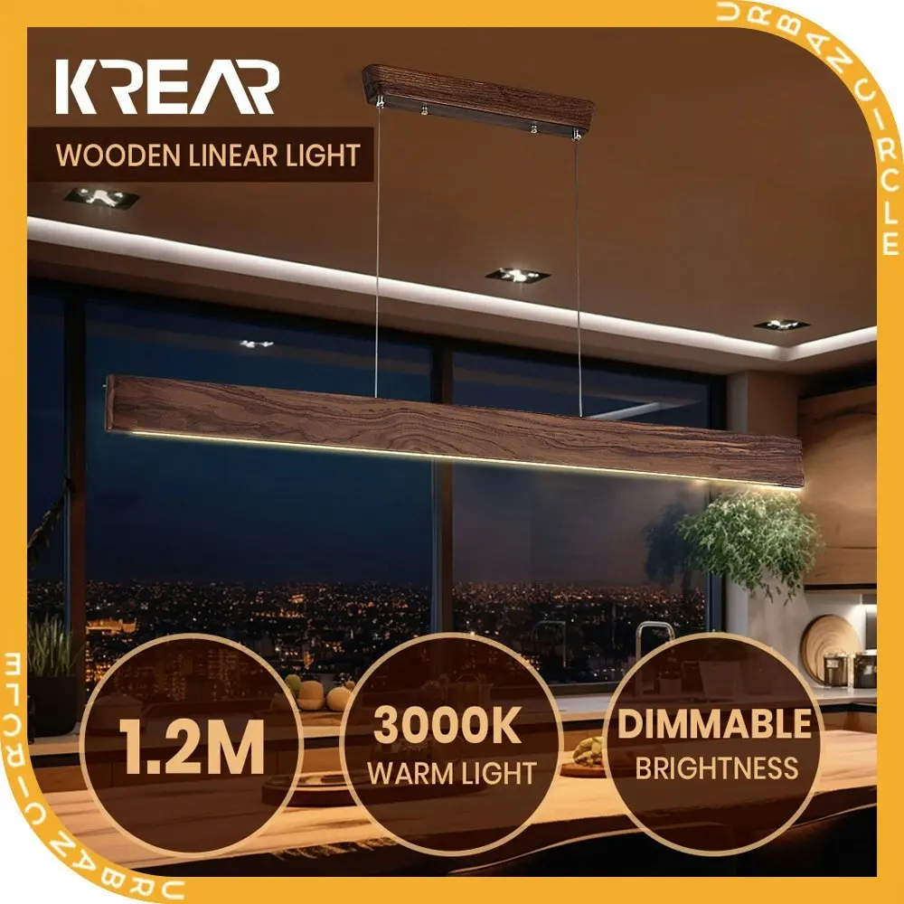 Krear 120CM Wooden Pendant Light Flat LED Strips Linear Lighting Dark Walnut