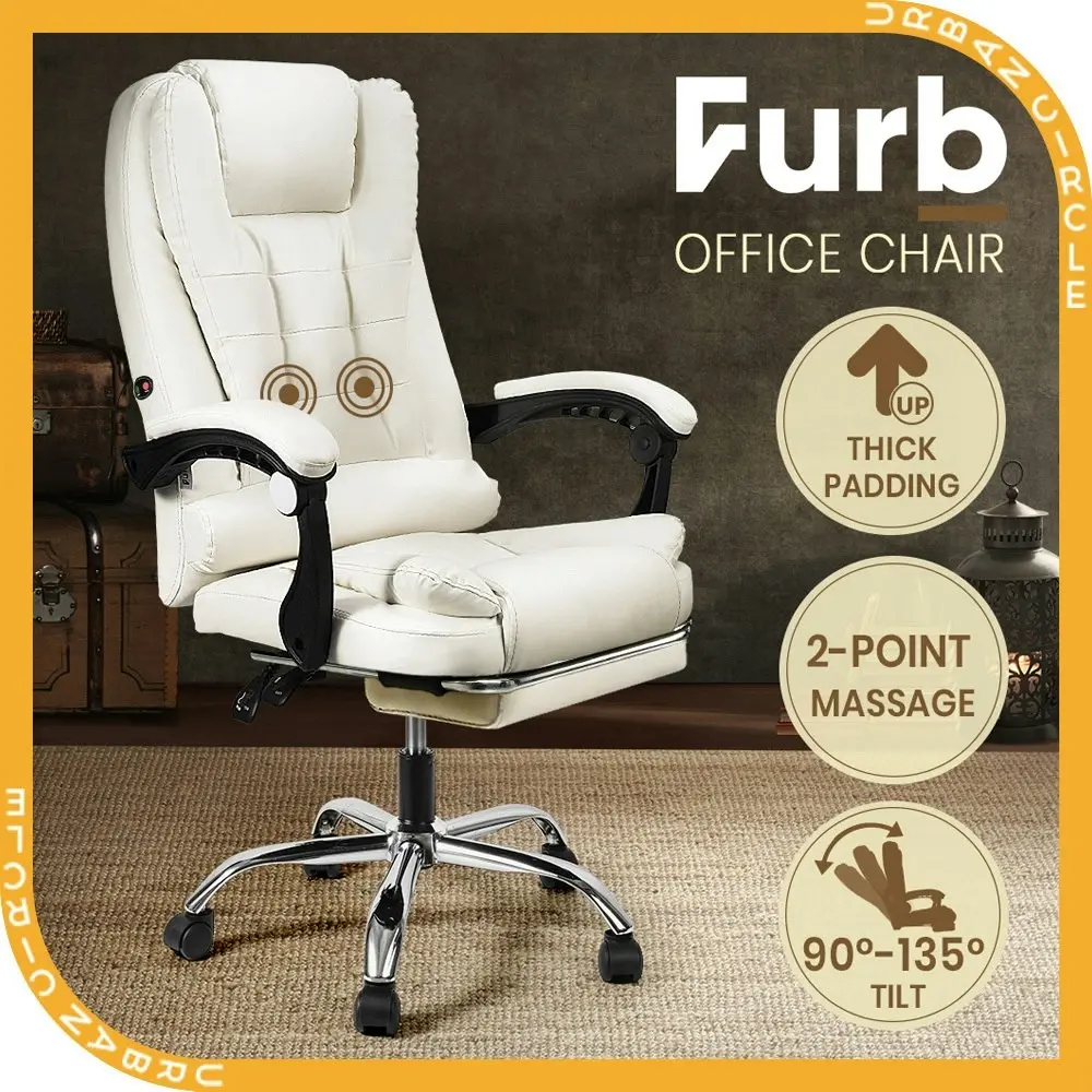 Furb Massage Office Chair Executive PU leather Seat Ergonomic Support Footrest White