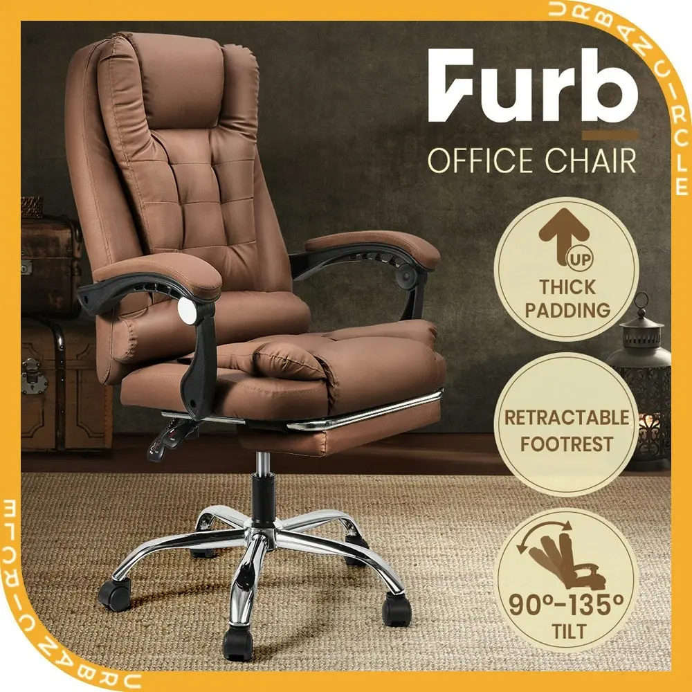 Furb Office Chair Executive PU leather Seat Ergonomic Support Caster Wheel Footrest Dark Brow