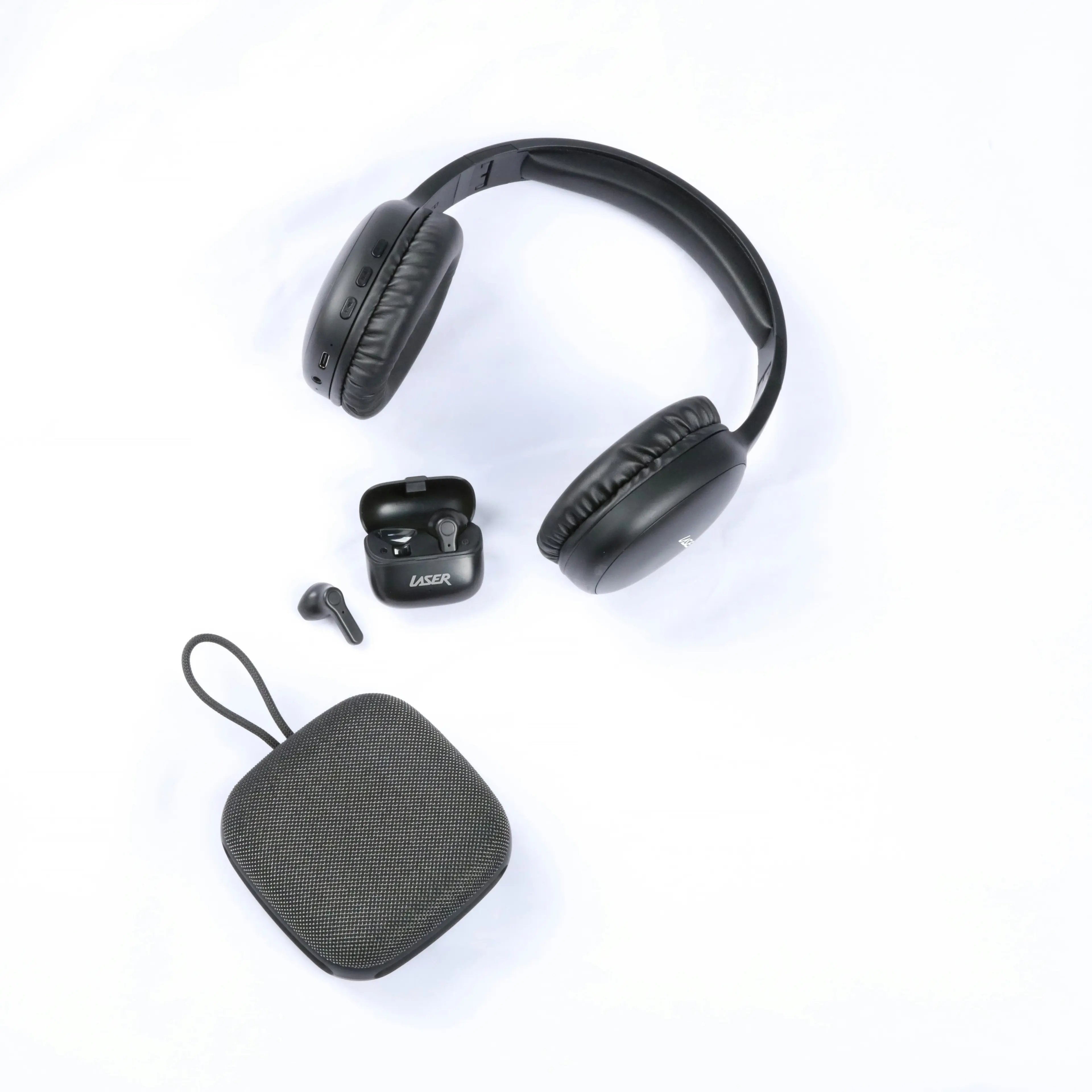 Laser 3-in-1 Bluetooth Audio Bundle: Headphones, Earbuds, Speaker