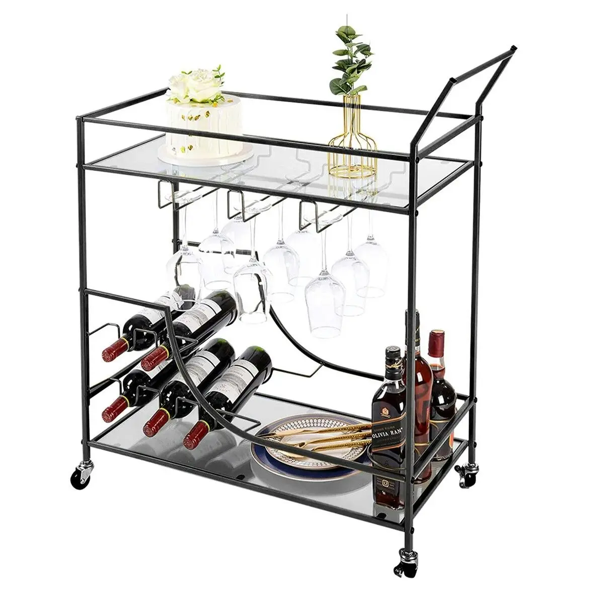 Ausway Black Bar Cart Drinks Trolley Coffee Tea Wine Kitchen Serving Rack Wine Holders Hooks Rack Curtain Wall Mirror Shelves