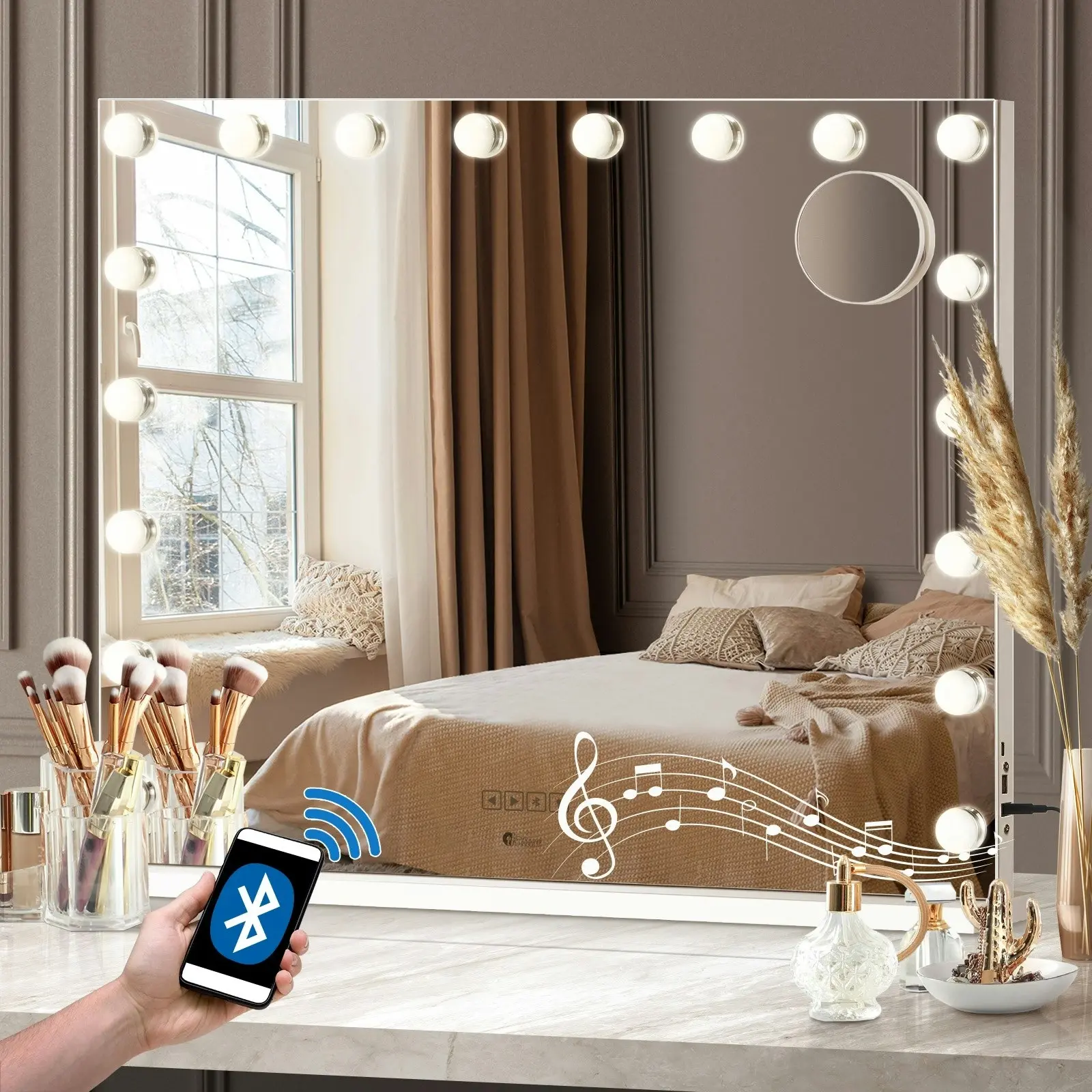 Oikiture 80x62cm Bluetooth Hollywood Makeup Mirrors 18 LED Light Type-C Vanity Mirror