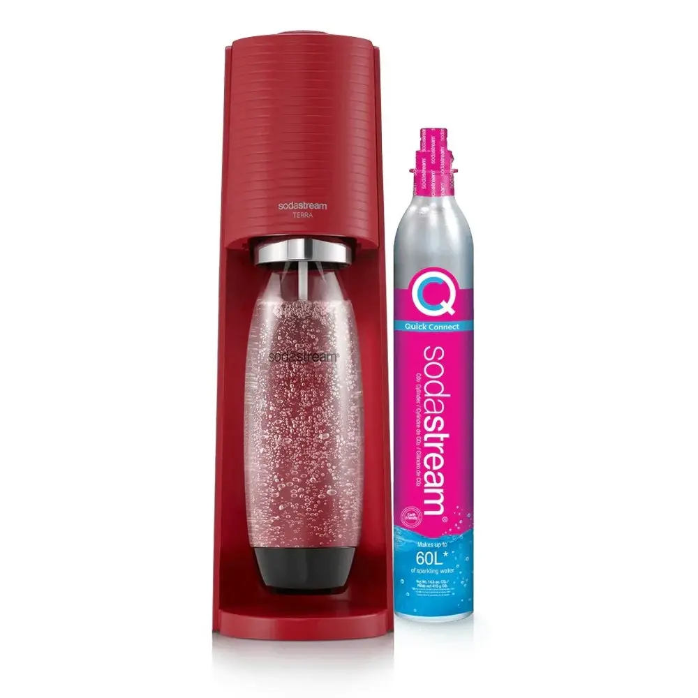 SodaStream Terra Classic Sparkling Water Maker w/60L Cylinder/1L Bottle Red