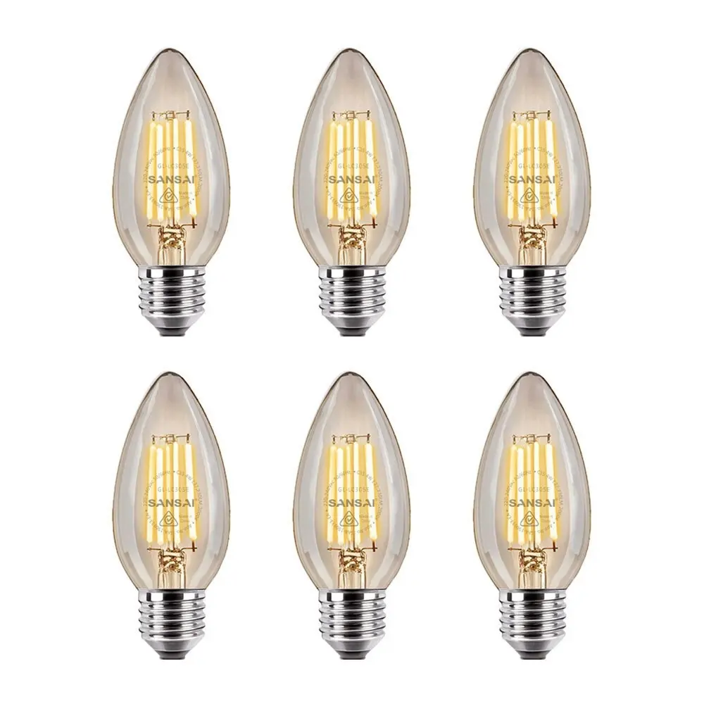 6x Sansai LED 230lm Candle Filament Smoky Glass Light Bulb C35 4W E27 Warm White