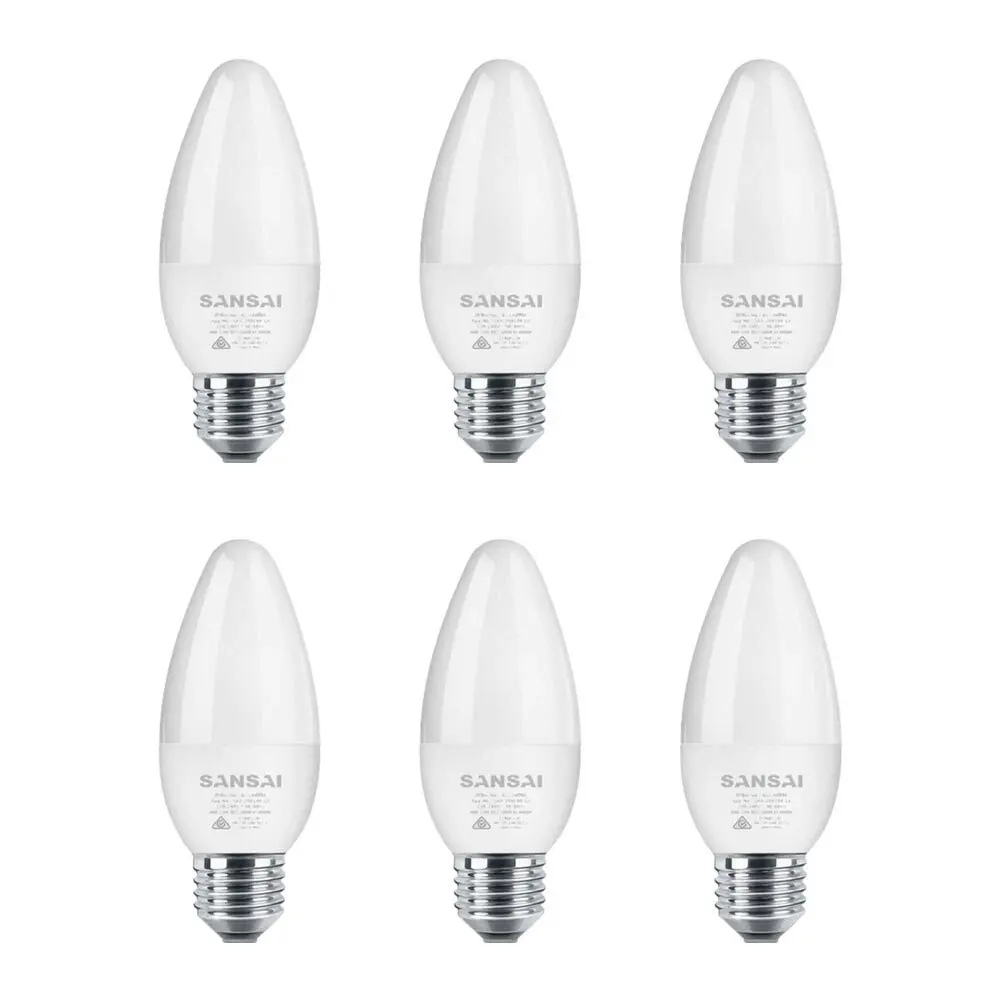 6x Sansai Home LED 425lm Screw Light Bulb C37 5W E27 Candle Warm White 3000K