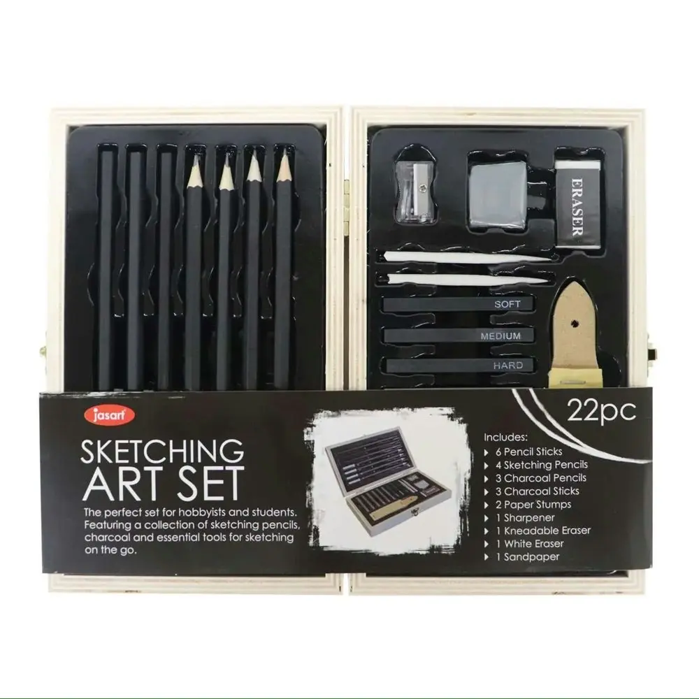 22pc Jasart Pencil/Charcoal Sketching Drawing Art/Craft Set w/ Wooden Travel Box