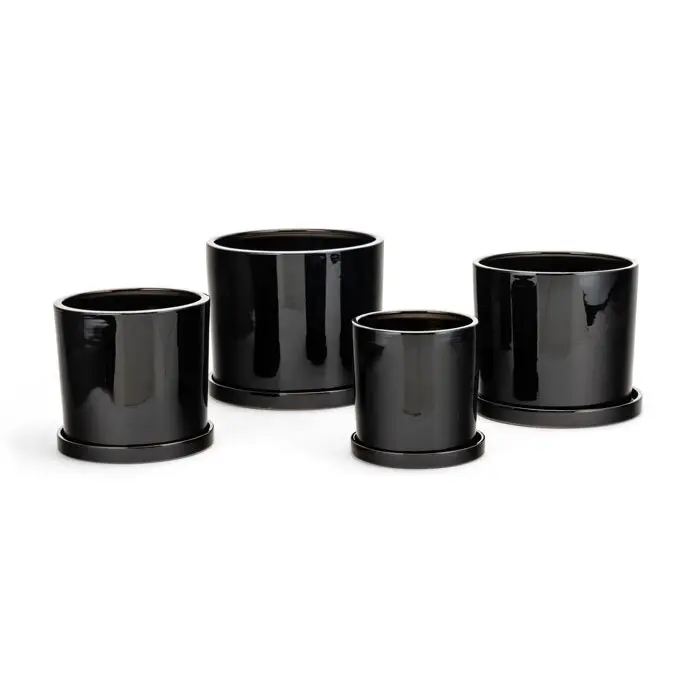 4pc Cylindrical Pot Planter Storage Container w/ Saucer Set Garden Decor Black