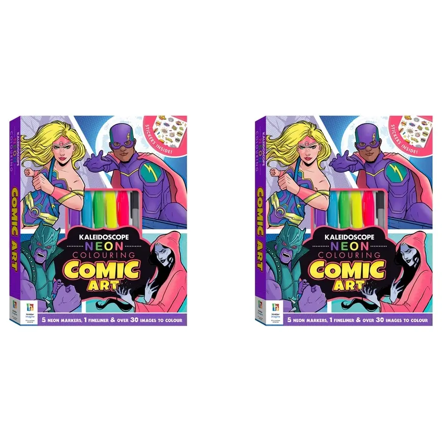 2x Kaleidoscope Neon Colouring Kit: Comic Art Colouring Activity Kit Book 6y+