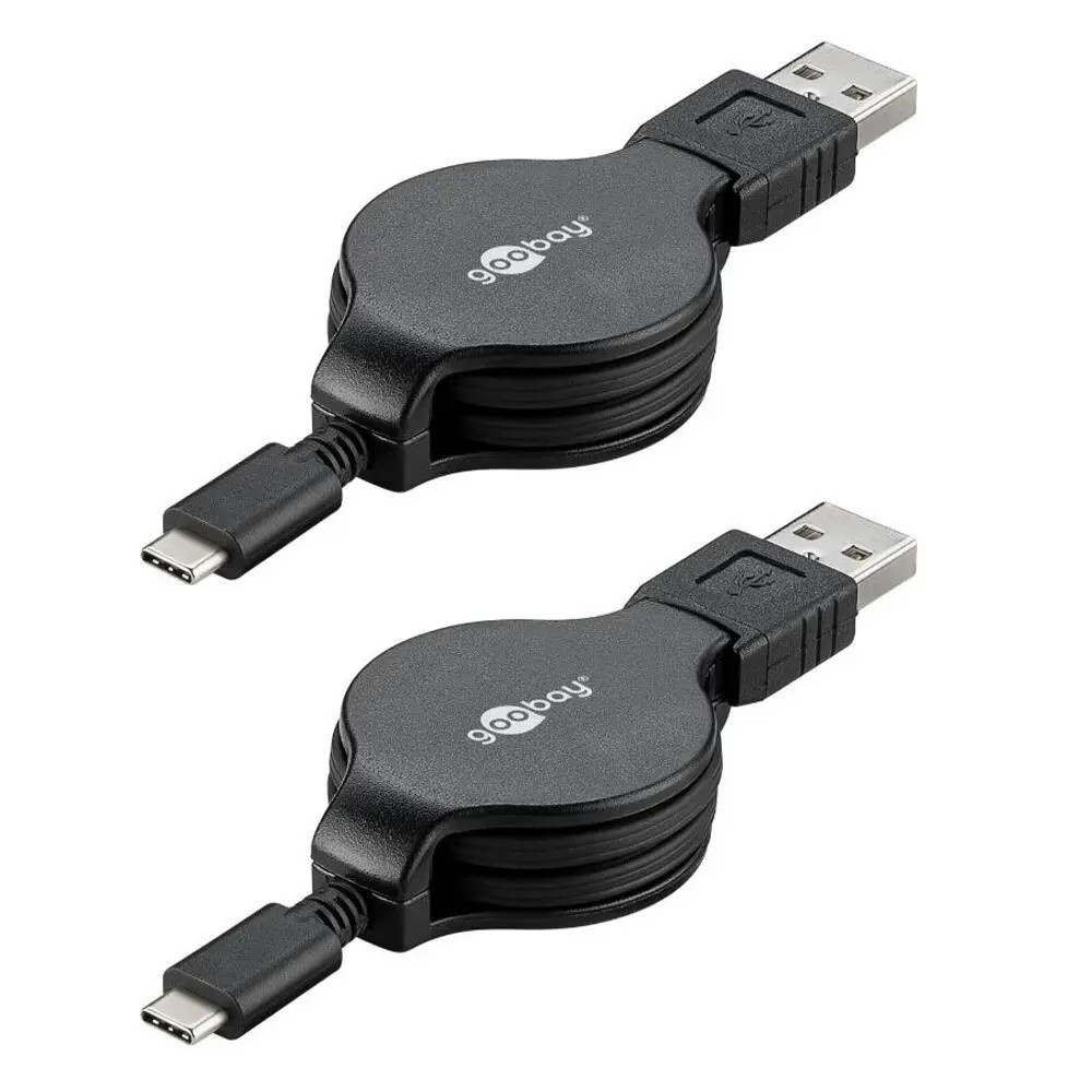 2x Goobay Charging & Sync 1m Retractable USB-A to USB-C Cable For Smartphone BLK