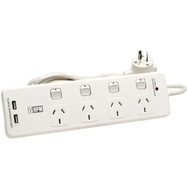 HPM 4-Way Surge 2400W Powerboard 4 Outlets/USB Ports w/ Individual Switches WHT