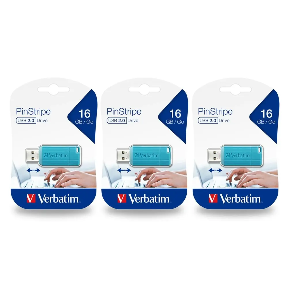 3PK Verbatim Store'n'Go Striped 16GB USB Stick Drive f/ Laptop/PC Caribbean Blue