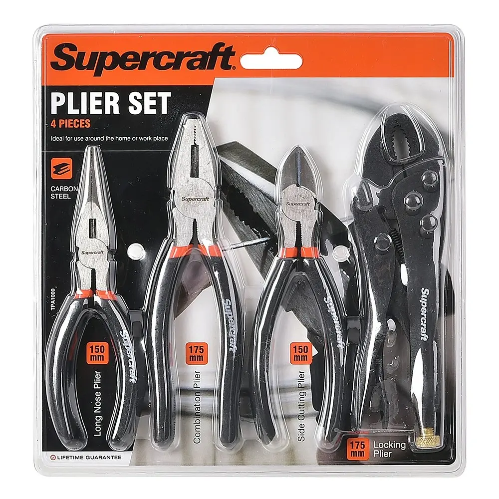 4pc Supercraft Longnose/Combination/Side Cutting/Locking Pliers Home Tool Set