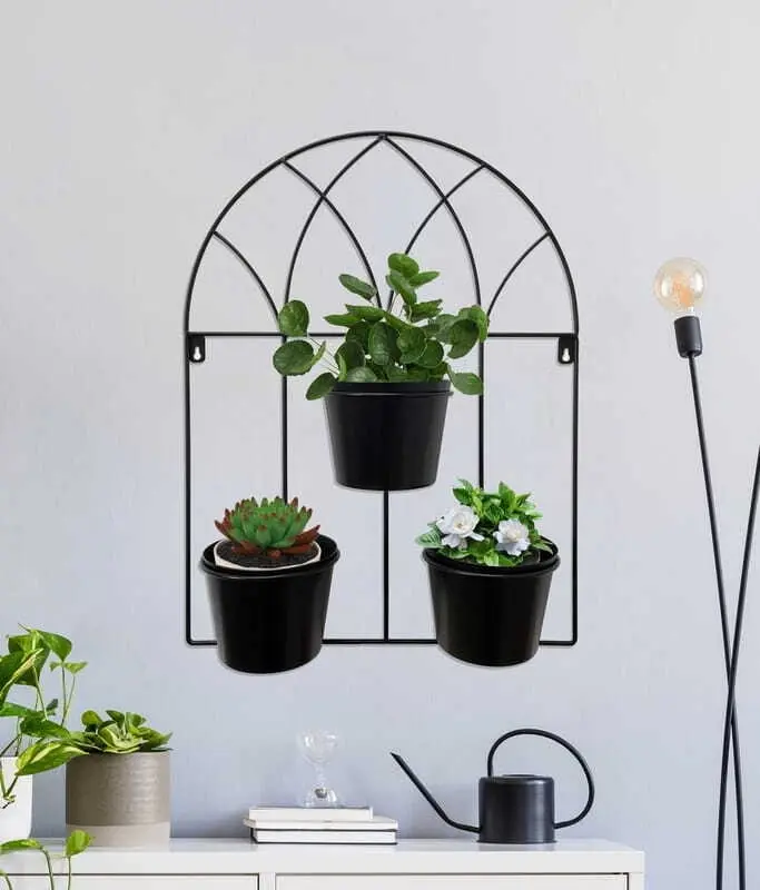 Willow & Silk Black 52cm Arch 3-Pot Metal Wall Planter