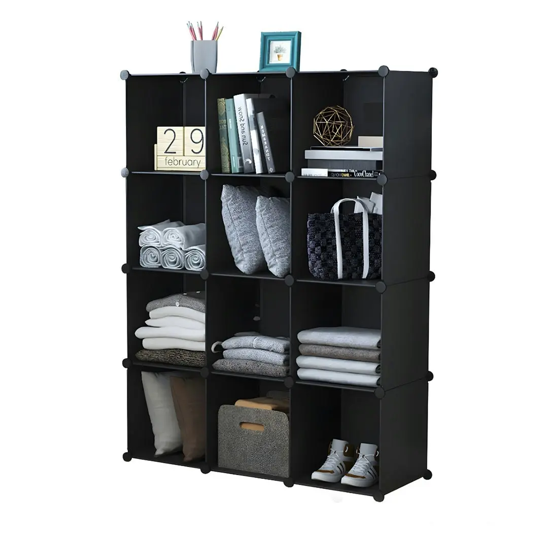 Soga 4 Tier 12-Cube Black Portable Wardrobe Divide-Grid Modular Storage Organiser Foldable Closet