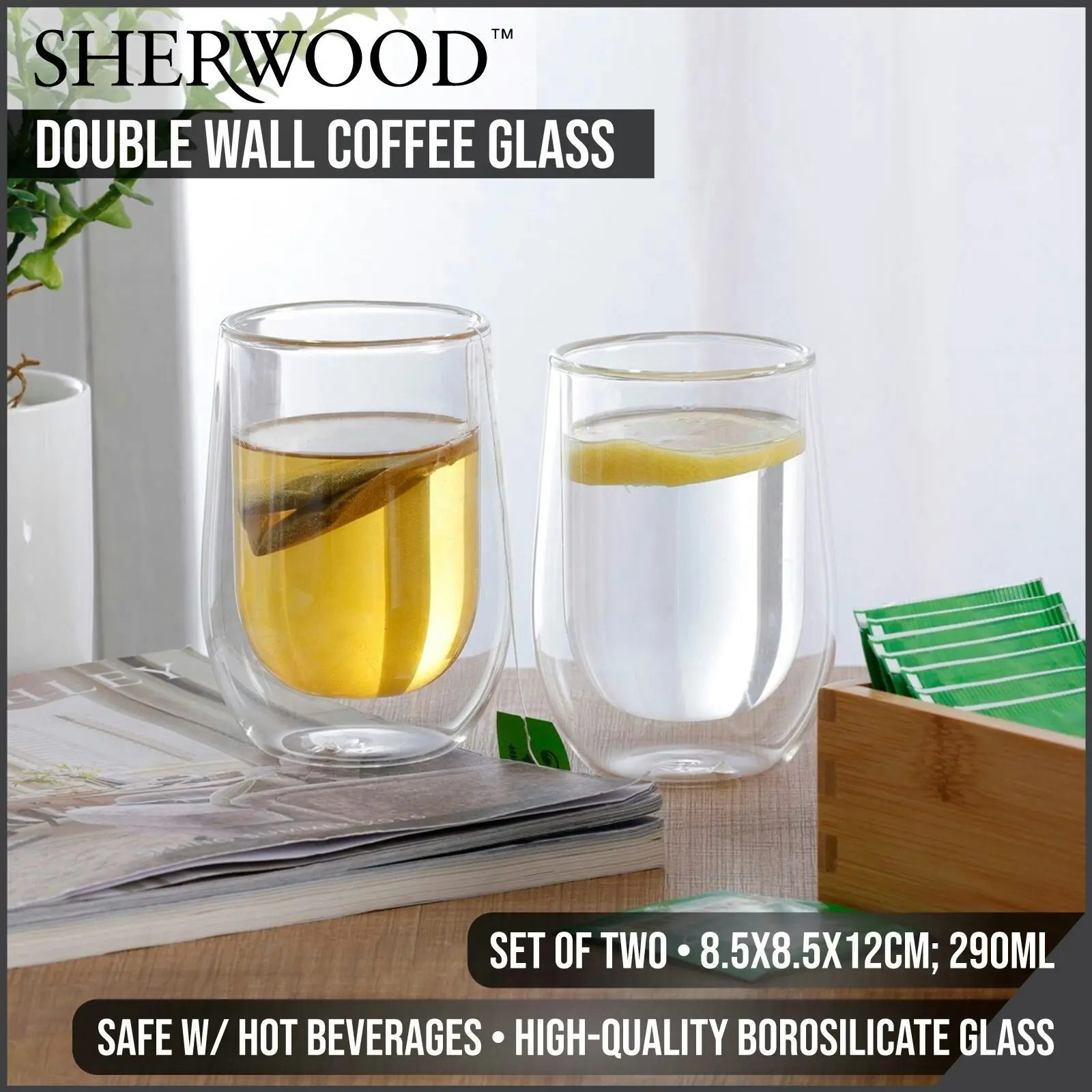 Sherwood Home Double Wall Coffee Glass Set of 2 x 290ml Cups