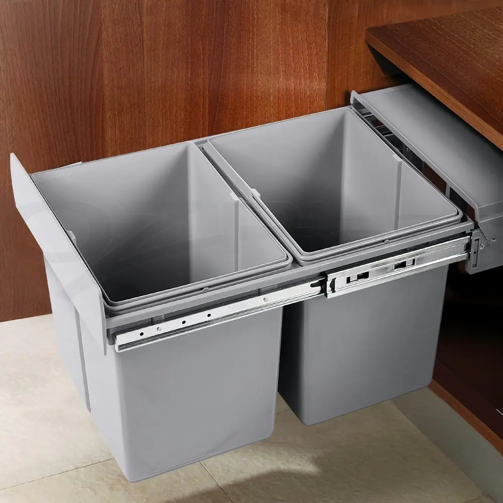 Cefito Pull Out Bin Kitchen Double Basket 2X15L Grey