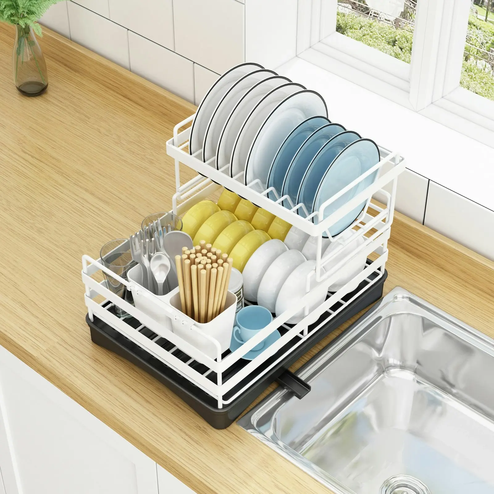 Viviendo 2 tier Dish Drainer Kitchen Counter Dish Rack  with Cutlery Holder, Drip Tray - White