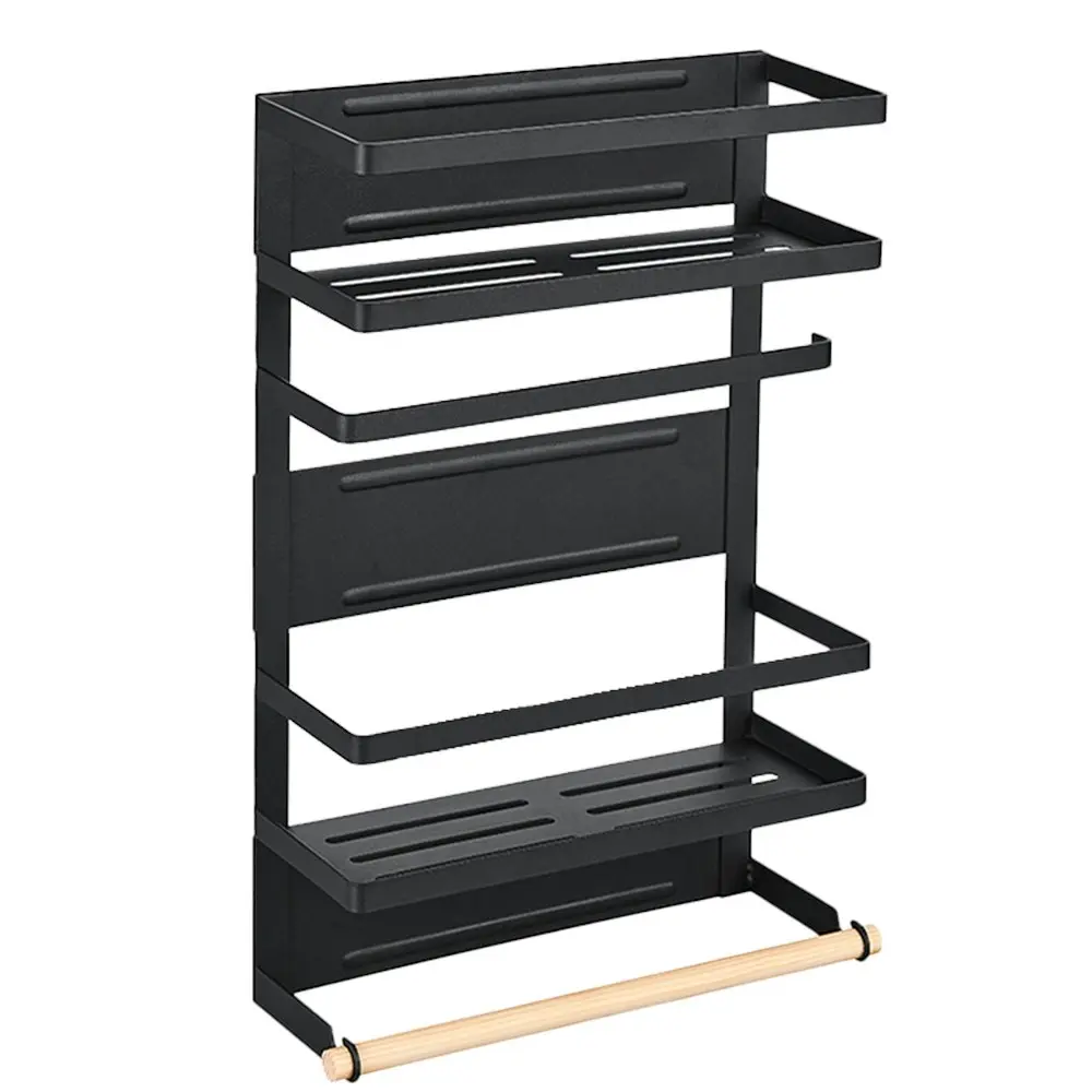 Viviendo Magnetic Fridge Storage Shelf with Paper Towel Holder Kitchen Spice Rack Organiser - Black