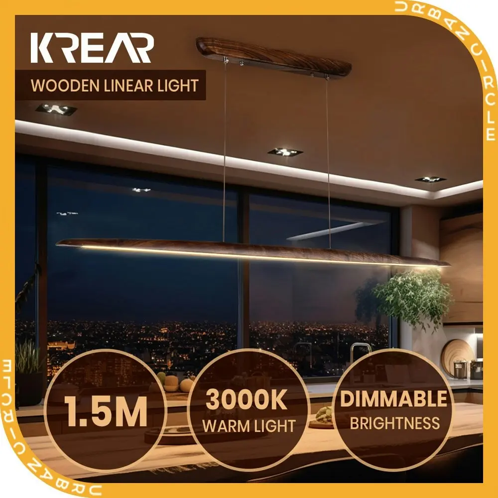 Krear 150CM Wooden Pendant Light Flat LED Strips Linear Lighting Dark Walnut Wood