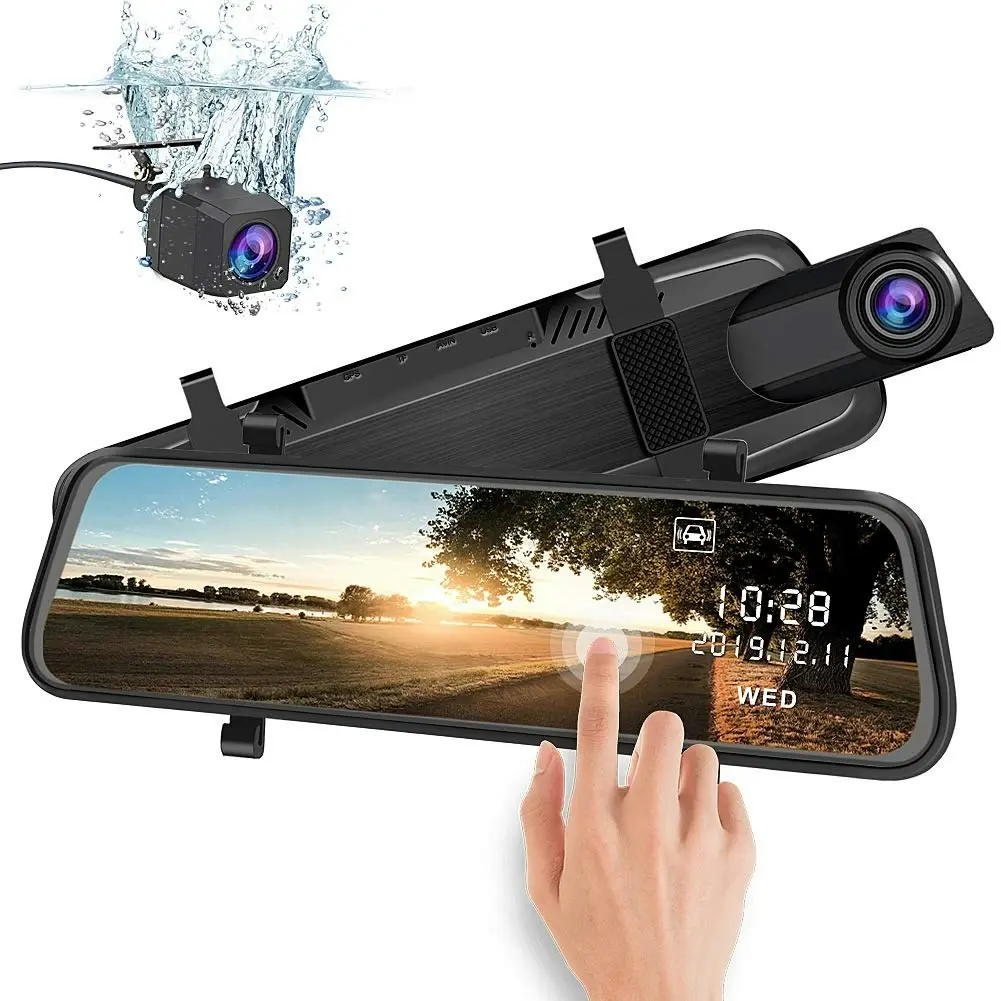 Junsun Mirror Dash Cam Backup Camera 10 Inch Touch Screen 1080P Stream Media Dual Lens Full HD Reverse Camera 170°Wide Angle with Backup Camera G-Sens