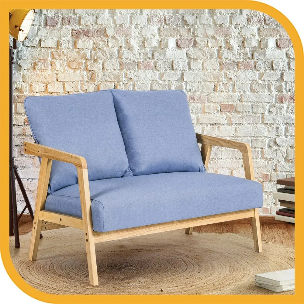 Furb Armchair 2 Seater Armchairs Sofa Lounge Wood Fabric Retro Couch Light Blue