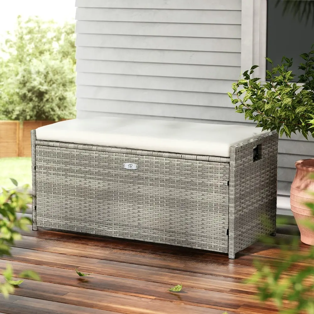 Gardeon Outdoor Storage Bench Box Wicker Garden Sheds Tools Cushion Patio  Furniture Grey