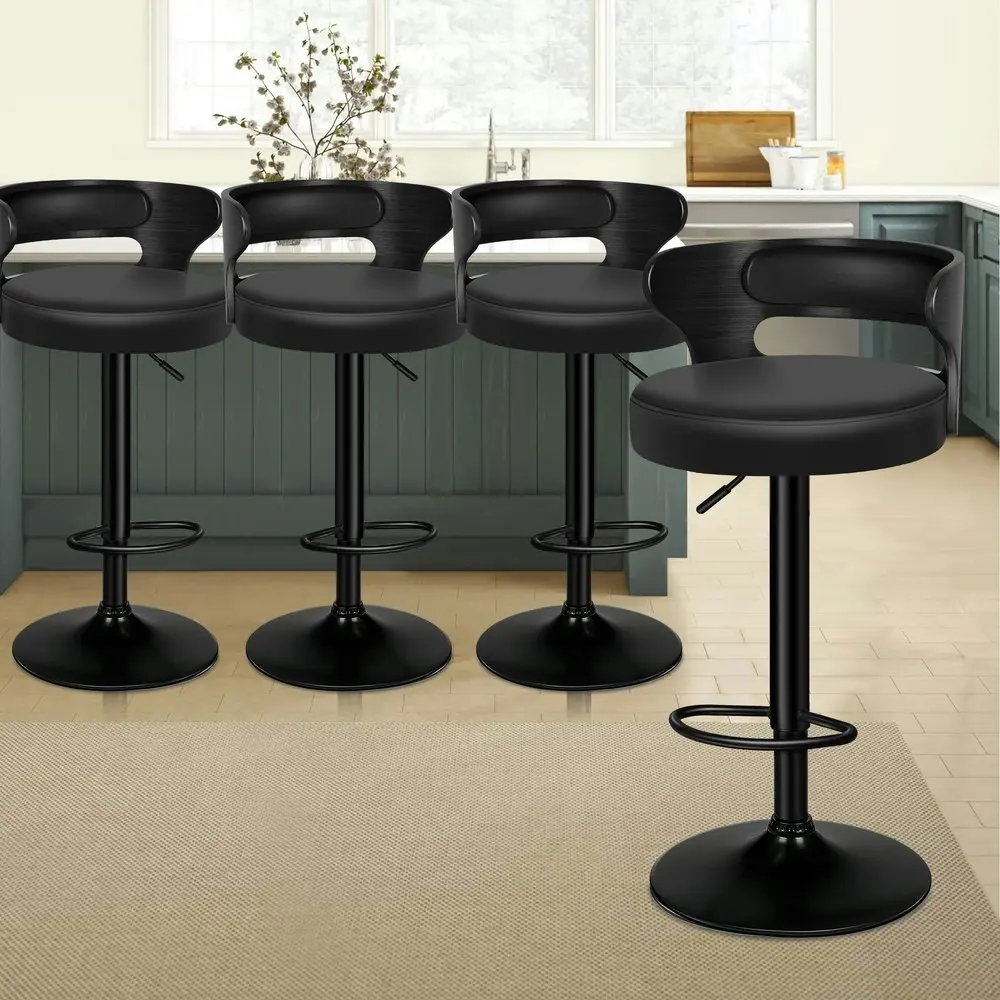 Alfordson 4x Bar Stool Kitchen Swivel Chair Wooden Leather Ramiro All Black