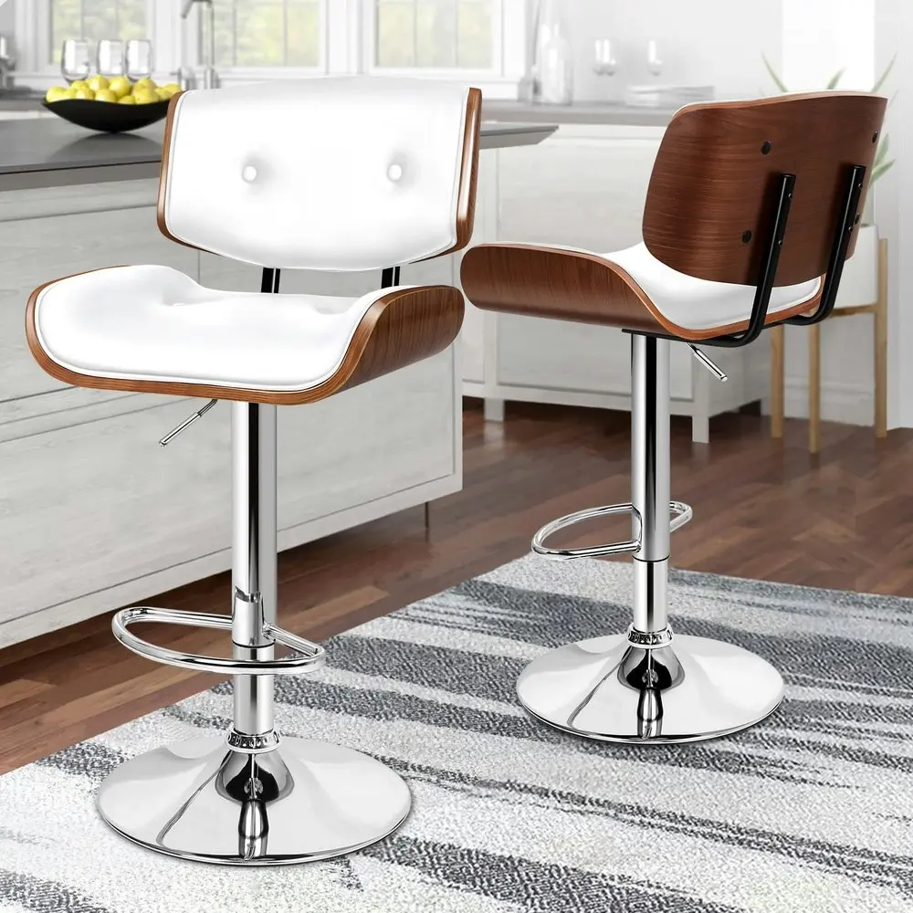 Alfordson 2x Bar Stool Kitchen Swivel Wooden  Chair Leather Odette White