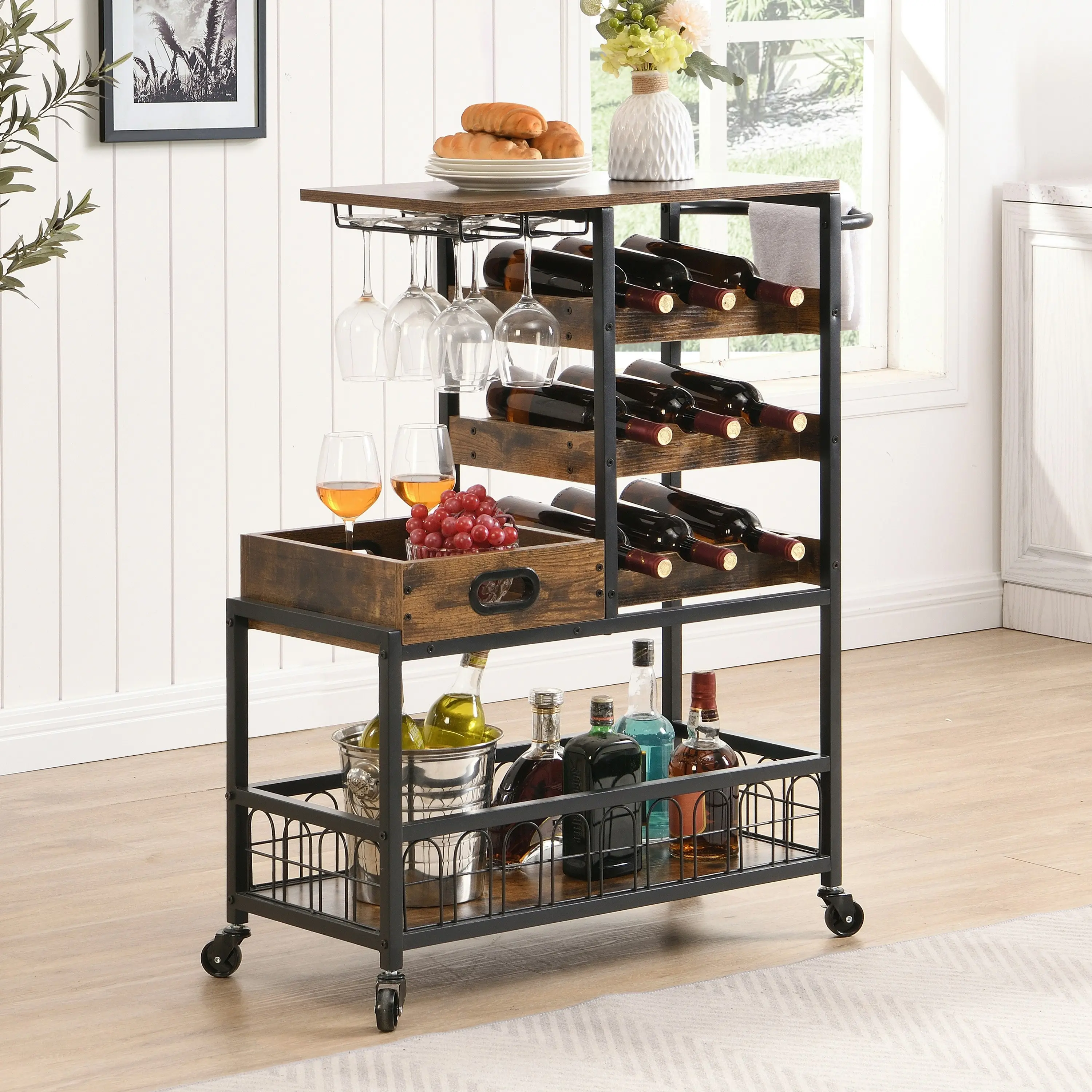 IHOMDEC Bar Cart on Wheels with Wine Rack and Glass Holder, Removable Wood Tray Rustic Brown