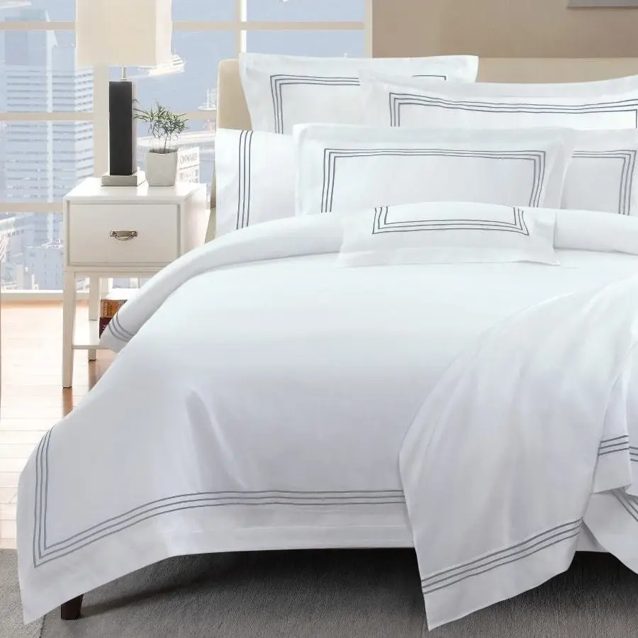 Ambassador 1000 TC White Quilt Cover Set with Grey Embroidery