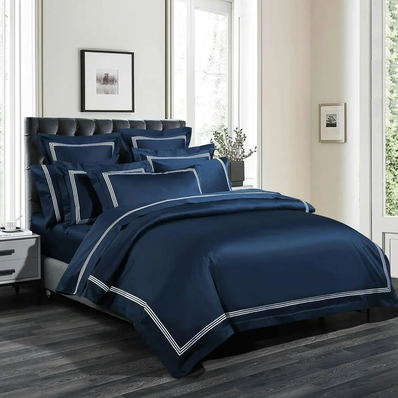 Ambassador 1000 TC Navy Embroidered  with White Quilt Cover Set