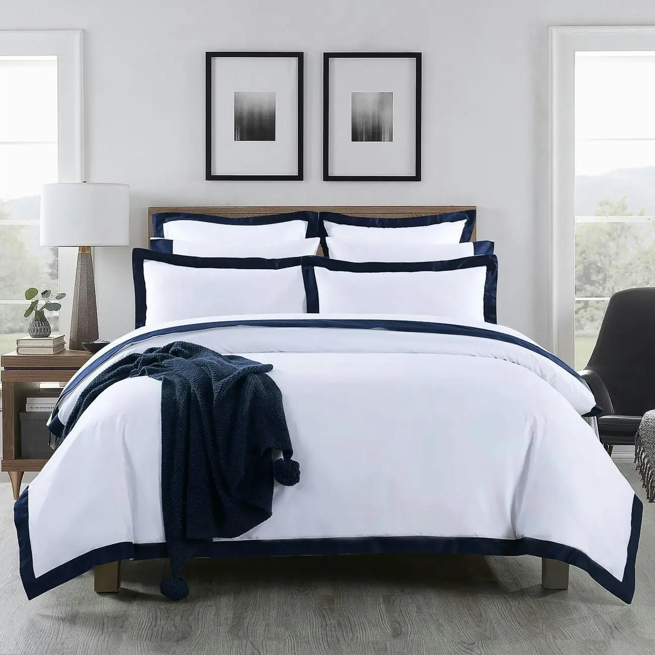 Plaza White and Navy 1000TC Quilt Cover Set