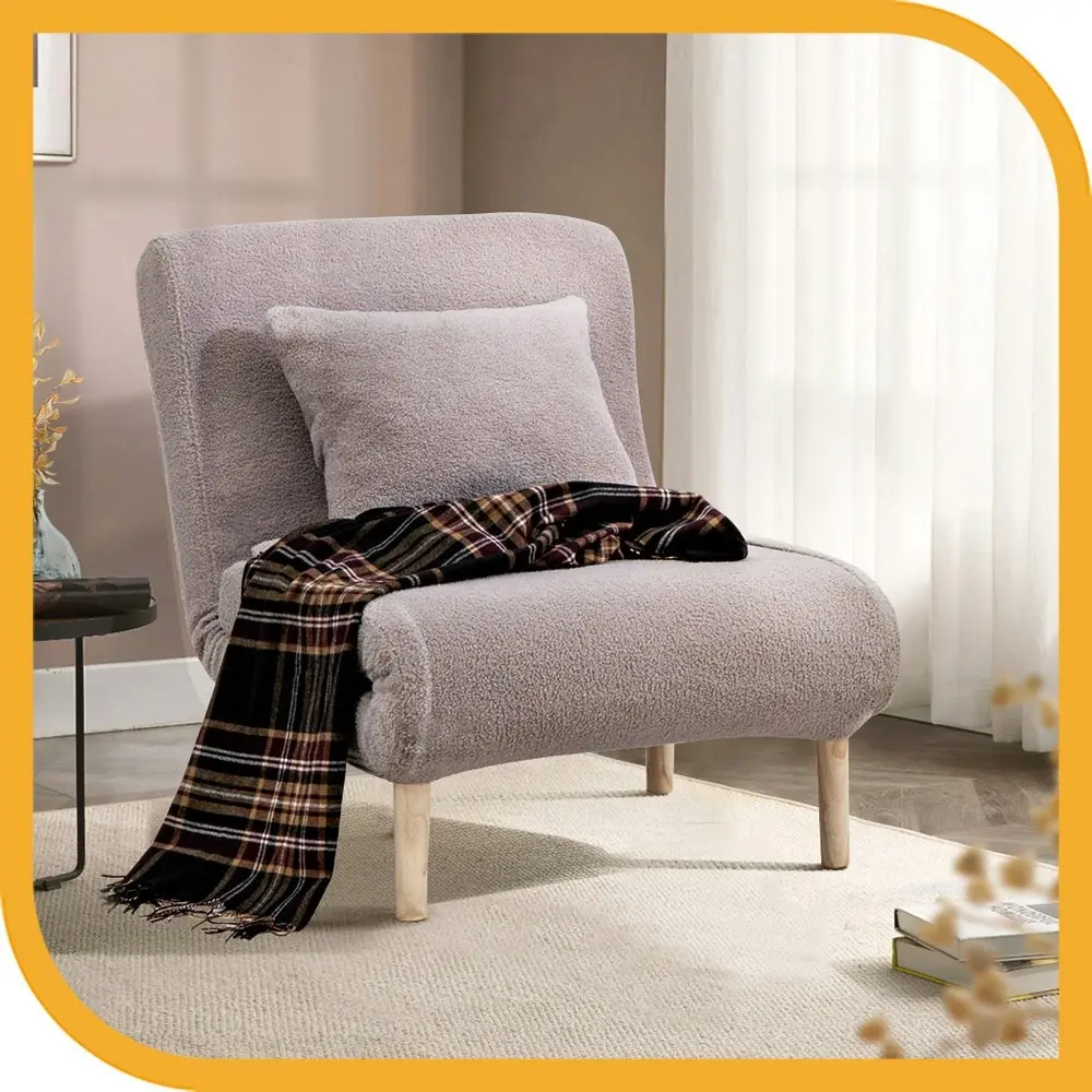 Furb Sofa Bed Lounge Chair Sherpa Fabric Folding Recliner Wood Leg Single Grey