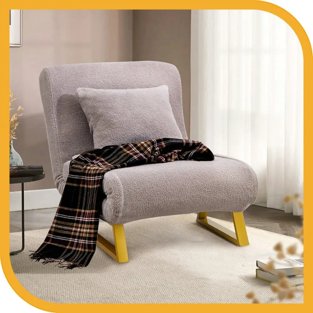 Furb Sofa Bed Lounge Chair Sherpa Fabric Folding Recliner Steel Leg Single Grey